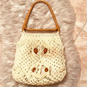 Vintage Macrame & wood beaded boho large bag with wooden looking resin handles